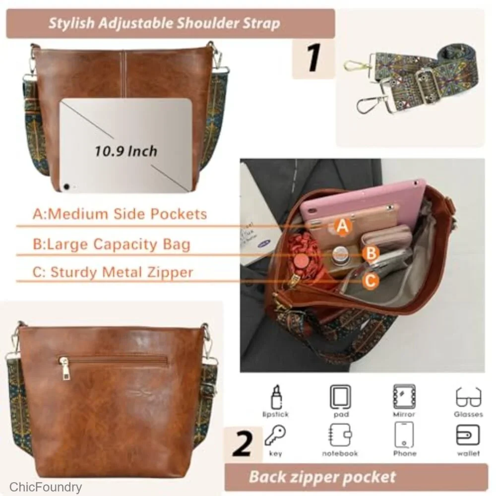 Vegan Leather Crossbody Hobo Bag with Zipper, Large Capacity Shoulder Purse